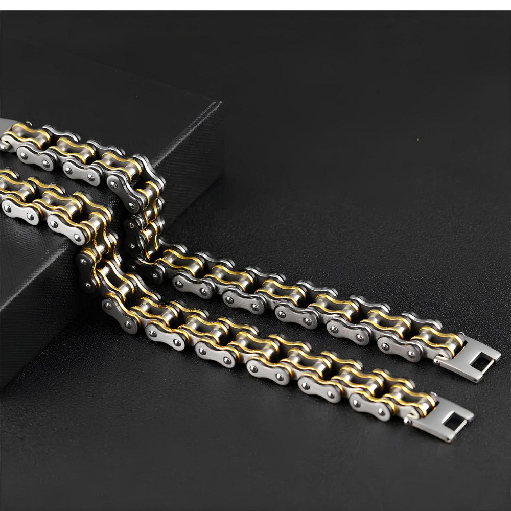 Чоловічий браслет RESTEQ із нержавіючої сталі у вигляді мотоциклетного ланцюга, чорно-золотий Київ - фото 2