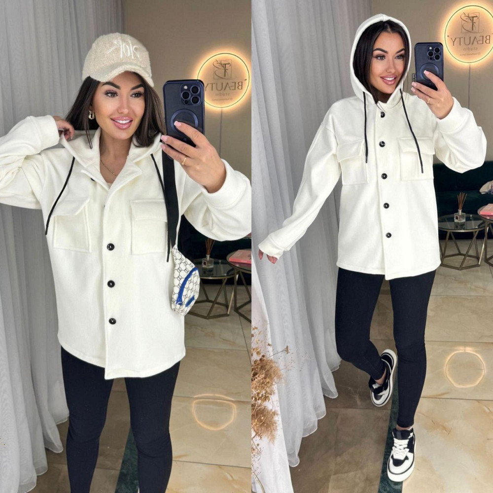 Жіноча тепла сорочка на ґудзиках із капюшоном і двома накладними кишенями турецький щільний фліс Молочний, 42/44 Одеса - фото 1