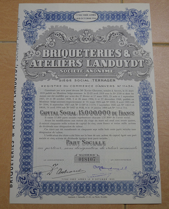 Акция. Briqueteries Ateliers Landuydt. Бельгия. 1944 год №018107 (1.51) Полтава - изображение 1