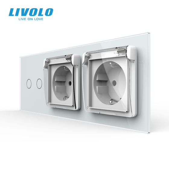 Сенсорний вимикач на 2 сенсори + подвійна розетка вологозахисна з кришкою IP44, з заземленням, біла скляна рамка, шторки, LIVOLO (VL-C702/C7C2EUWF-11) Коломыя