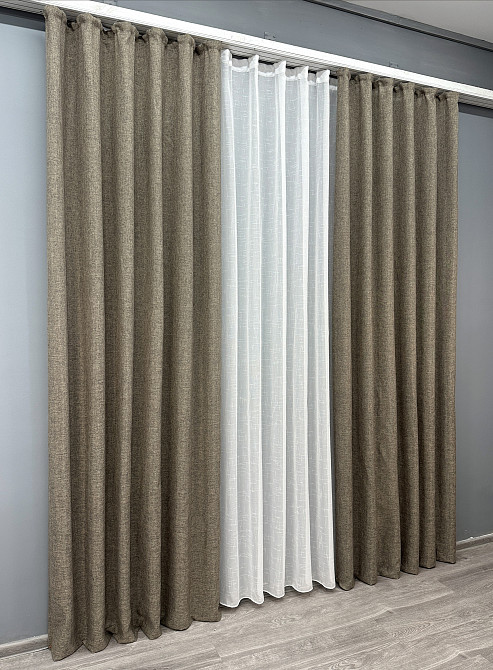 Комплект штор VR-Textil Лен Мешковина 100х270 2шт и Тюль 300х270 1770ш-115т Какао с белым 71-023/1 Киев - изображение 3