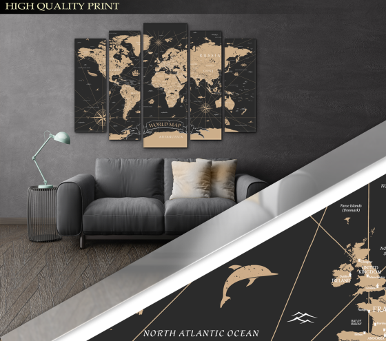 Модульна картина у вітальню / спальню Карта світу коричнева Art-441_5 ( 80х118см ) Київ