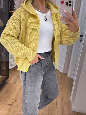 Кардиган в'язаний із капюоном на блискавці толстовка Жовтий Київ