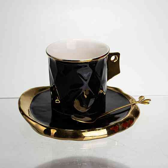 Чашка порцелянова для кави 200 (мл) з блюдцем і ложкою, гарна чашка в подарунок Чорний із золотом FM-1A Коломия