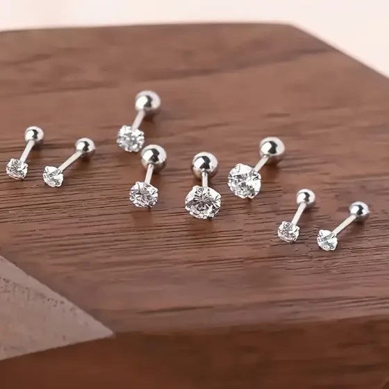 Набор серёжек-гвоздиков из циркония 3 пары – серебристые, гипоаллергенные Киев