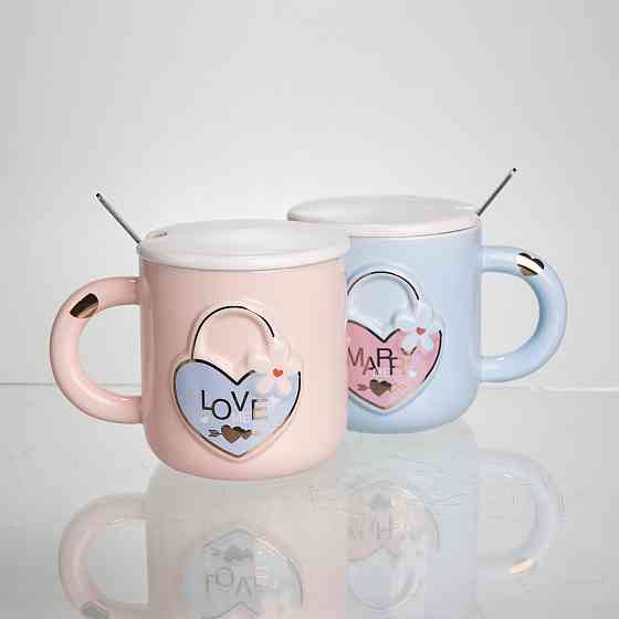 Парные фарфоровые чашки с сердцем, 400 мл, розово-голубые Киев