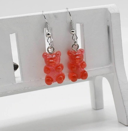 Сережки желейные мишки, красные (цвет ближе к оранжевому) с блетсками - размер 1,6*1см, смола Киев - изображение 1