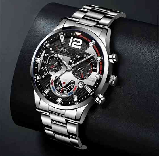 Подарочный набор для мужчин наручные часы с браслетом и цепочка с крестиком и кольцо серебристый Киев