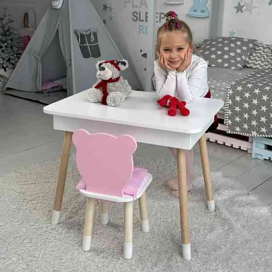 Стол прямоугольный с откидным ящиком 54х60х45 и стул медведик 26х26х24, столик и стульчик для девчачьей комнаты, розовый с белым Каменское