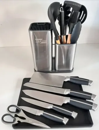 Набор ножей и кухонная утварь лопатки для кухни 17 в 1 дошечка для нарезки на тройной подставке, ножницы с напильником для заточки Zepline ZP-046 Коломия