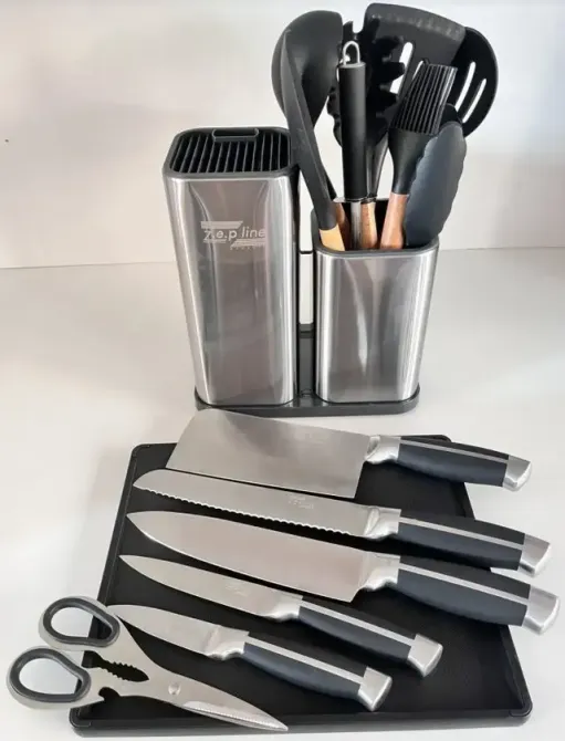 Набор ножей и кухонная утварь лопатки для кухни 17 в 1 дошечка для нарезки на тройной подставке, ножницы с напильником для заточки Zepline ZP-046 Коломия - фото 5