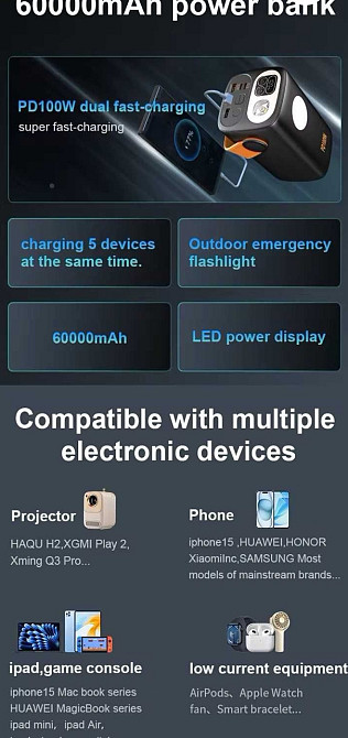Повербанк для ноутбуків, зарядна станція 60000 mAh 100W PD+QC Black. Київ - фото 2