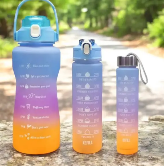 Набір спортивних пляшок 3 в 1 з маркерами часу та мотиваційними фразами, 2000/900/300 мл Одеса - фото 1