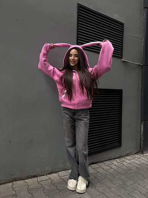 Женская стильная худи с ушками трехнить на флисе Розовый Одесса - изображение 17