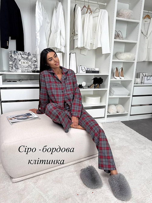 Женская домашняя повседневная в клетку пижама с фланели. Бордовый, 46/48 Одесса - изображение 3