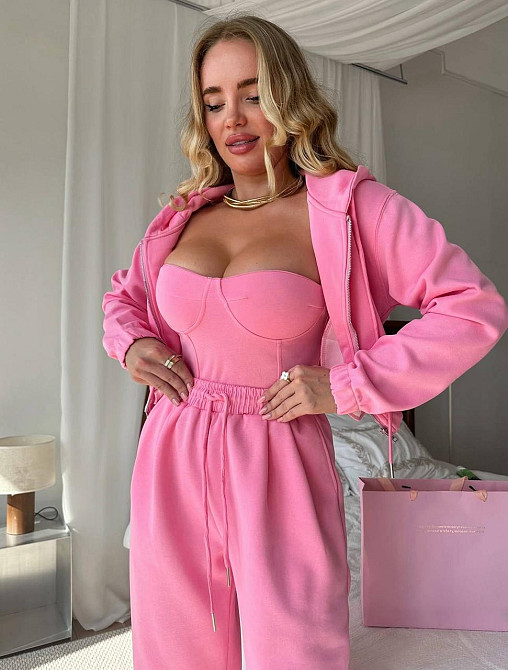 Жіночий стильний прогулянковий костюм-трійка: кофта корсет і штани двонитка Рожевий, 46/48 Одеса - фото 5