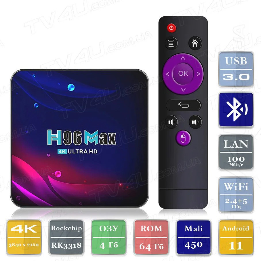 Смарт ТВ приставка H96 MAX V11 4/64 Гб Android 11 Smart TV Box Андроїд ТВ бокс Київ - фото 1