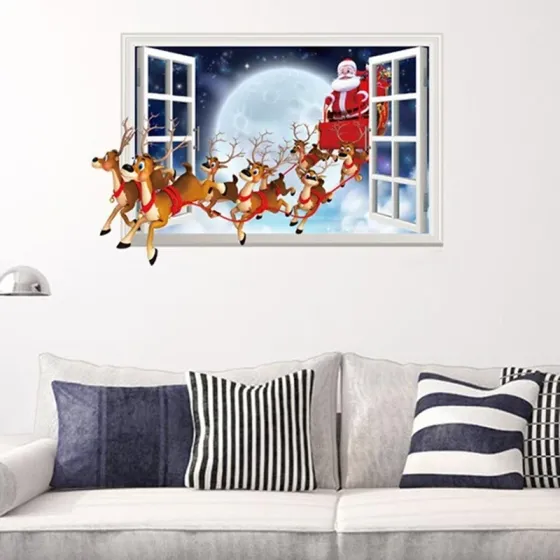 Наклейка новорічна на стіну Новорічні олені з Дідом Морозом 70 на 50 см різнобарвний Київ