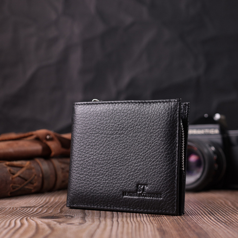 Гаманець середнього розміру з оригінальною монетницею ST Leather 22458 Чорний Київ - фото 8