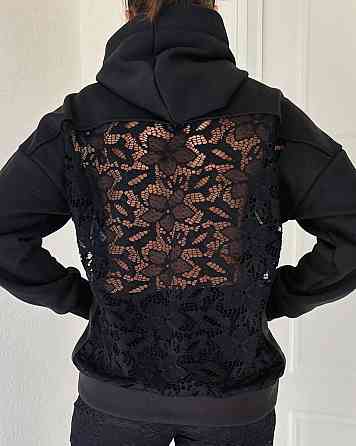 Женское стильное худи с прозрачной спинкой из кружева трехнитка на флисе + гипюр 48/52 Одесса