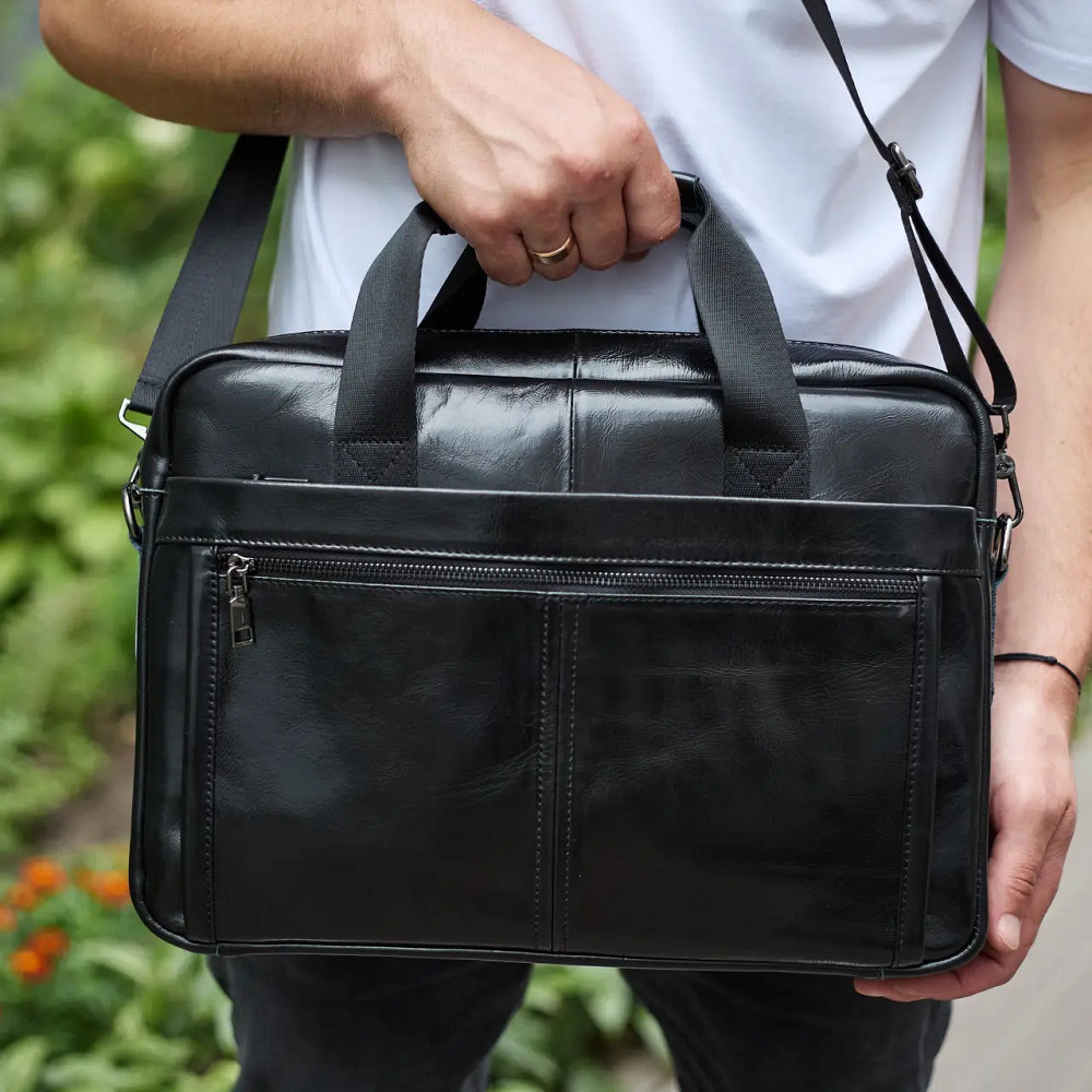 Чоловіча шкіряна ділова сумка портфель для речей і документів Tiding Bag Чорна 38х28х8см Київ - фото 8