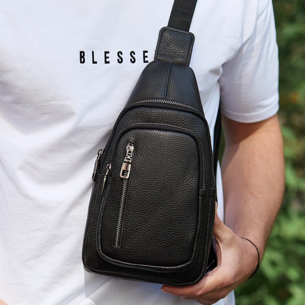 Сумка-слинг мужская через плече 19х31х7, нагрудная сумочка рюкзак из натуральной кожи TIDING BAG 32545 черная Каменское - изображение 16