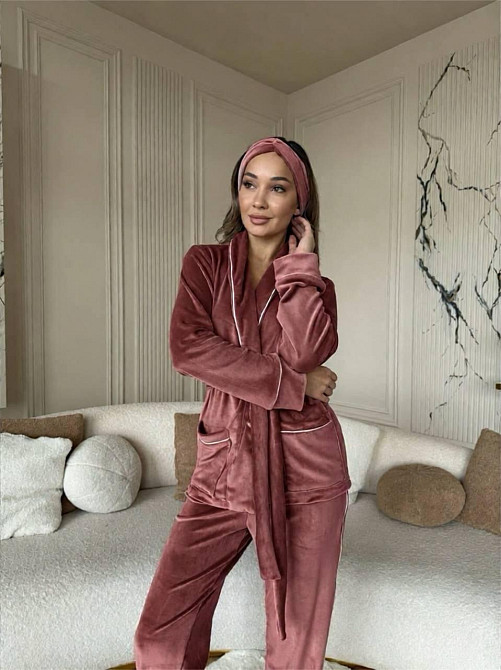 Жіноча затишна піжама: халат-кімоно, штани + пов'язка на голову велюр Какао, 46/48 Одеса - фото 1