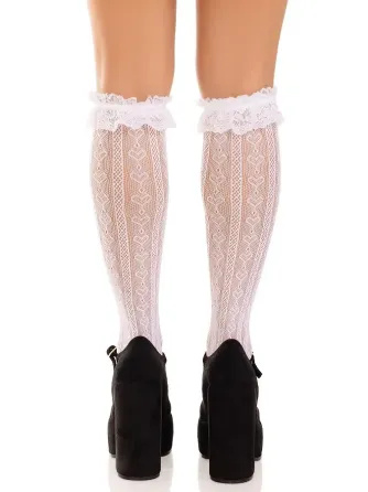 Шкарпетки ажурні з рюшами Leg Avenue Sweetheart Ruffle Cuff Knee Highs White, високі Львов