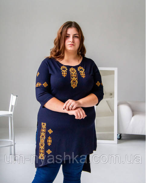 Жіноча вишита туніка темно-синя із золотою вишивкою Голубка Кривий Ріг - фото 1