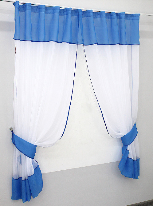 Кухонные шторы VR-Textil № 00к с ламбрекеном и подвязками белый с голубым 280х170 см (59-552) Киев - изображение 2