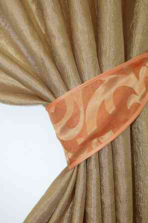 Кухонные шторы VR-Textil № 073к с ламбрекеном и подхватами золотистый с оранжевым 275х170 см (52-0051) Киев