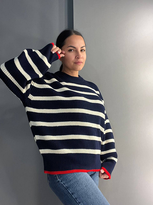 Свитер женский MIX RAY 6635 полоска оверсайз удлиненный свободный крой, темно-синий, one size Киев - изображение 2