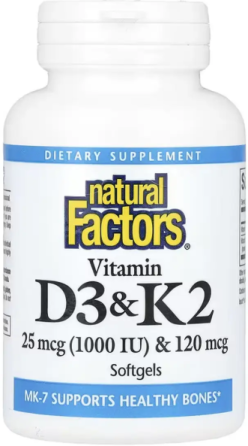 Вітаміни D3 і K2 Natural Factors Vitamin D3 & K2 25 mcg (1000 IU) & 120 mcg 120 гел капс Київ
