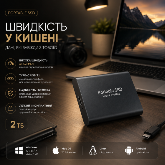 Внешний жесткий диск Портативный SSD 2TB USB 3.1 Type-C, противоударный алюминиевый накопитель черный Киев