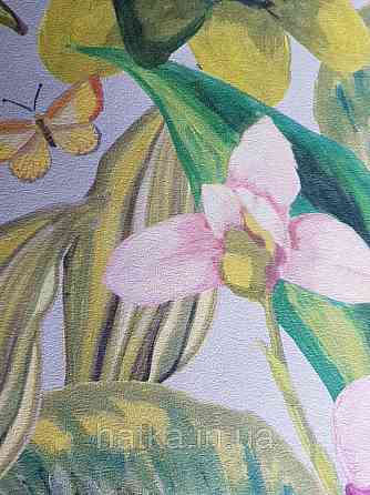 Шпалери вінілові Decoprint Breeze листя метелики квіти орхідеї лілії червоні бузкові на блакитному 0.53х10 м Київ