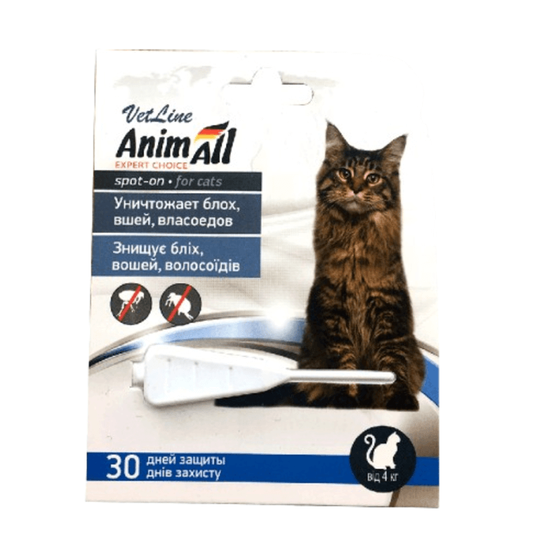 Краплі AnimAll VetLine Спот-Он проти бліх, вошей, волосоїдів, для котів від 4 до 10 кг, 1 мл Київ - фото 1