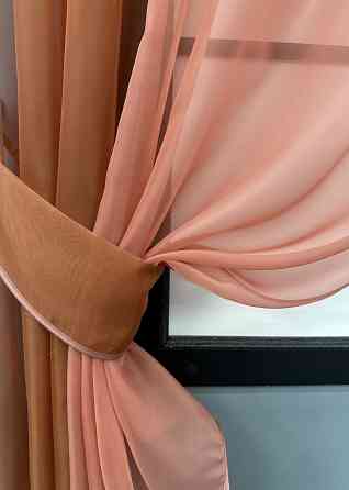 Кухонные шторы VR-Textil № 090к с ламбрекеном и подвязками коричневый с коралловым 280х170 см (52-1163) Киев