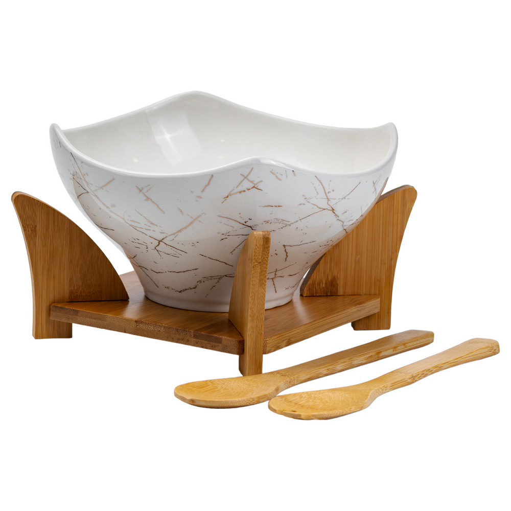 Салатниця га бамбуковій підставці з виделкою і ложкою 22*22*14 см Білий HP1228 Коломия - фото 3