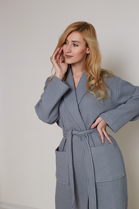Женский вафельный халат Ideal Textile длинный серый (56860629) L Черновцы - изображение 2