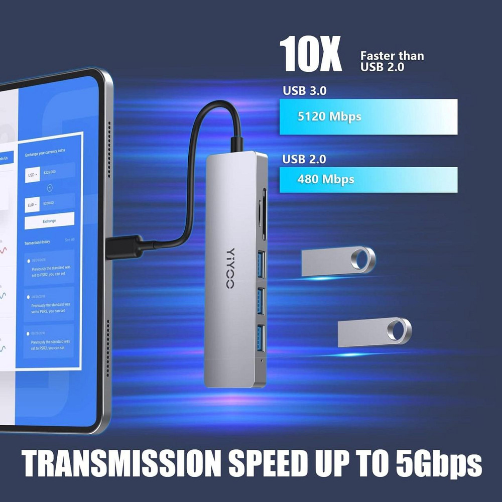 YIYOO 6-в-1 USB-C хаб, HDMI 4K@30Hz, 3x USB 3.0, SD/TF, адаптер для MacBook, Surface, XPS, PS5, Xbox, ноутбуко Киев - изображение 3