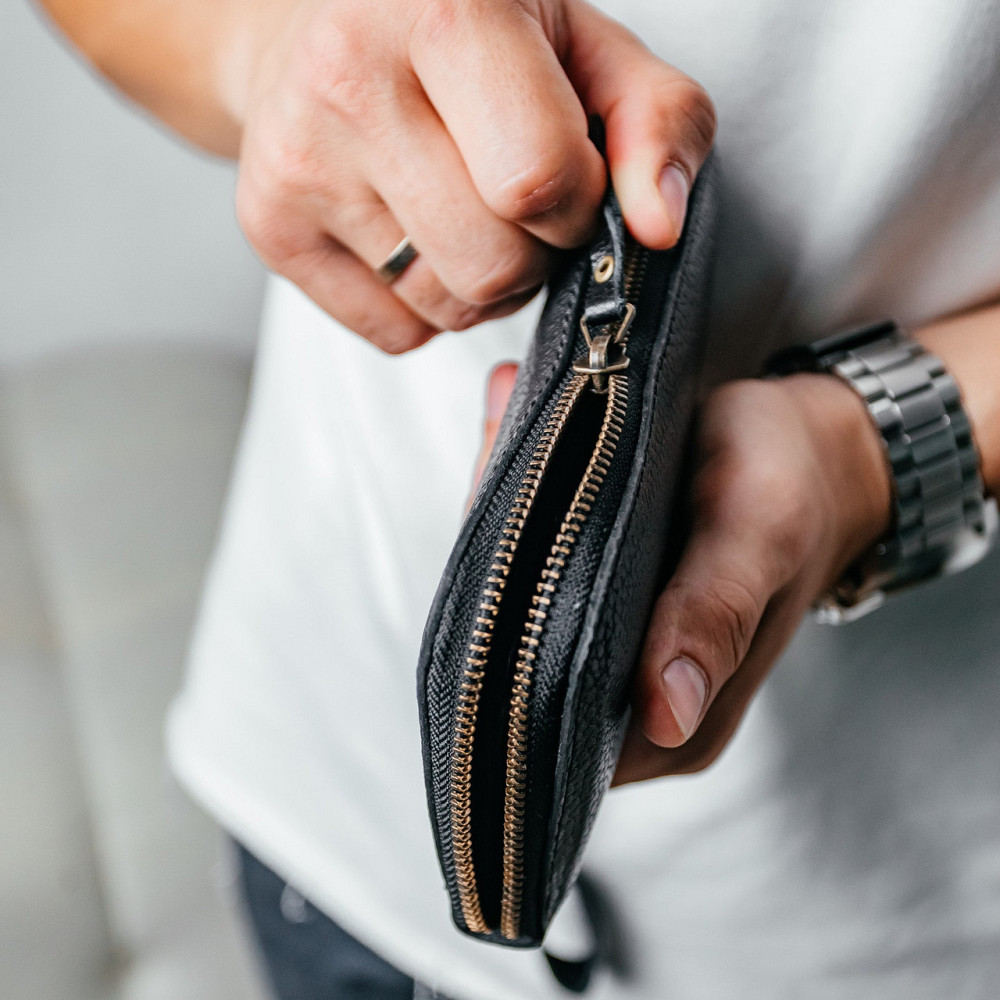 Чоловічий гаманець шкіряний, місткий гаманець із відділеннями на блискавці, Crazy Horse, чорнийMasterSem Київ - фото 3