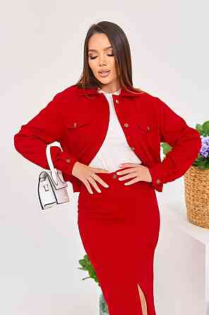 Женский стильный костюм двойка: жакет и юбка микровельвет Красный, 44 Одесса