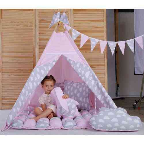 Вігвам Хатка комплект Бонбон Ніжність Рожевий з сірим (хмари) з подушками Київ