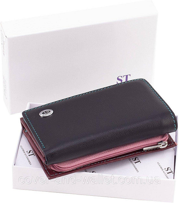 Небольшой женский кошелек картхолдер черного цвета с монетницей  ST Leather Киев - изображение 8