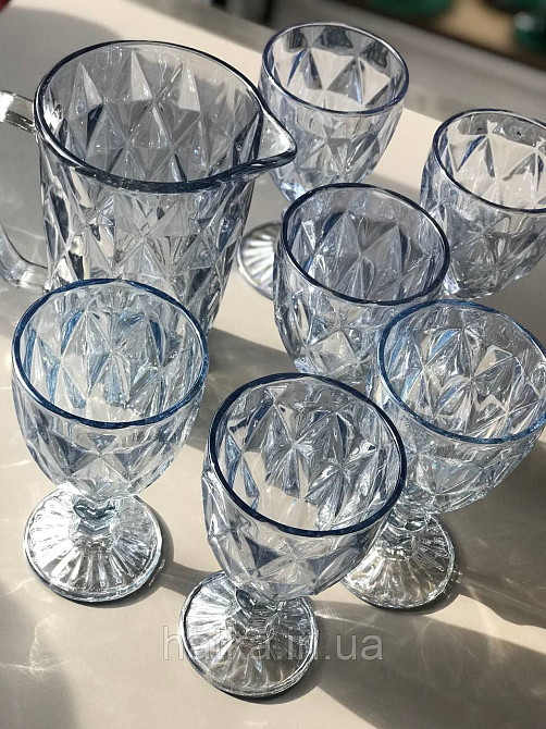 Набір 6 шт. келихів + глечик 1 л. «Дзеркальний Смарагд» 300 мл блакитний колір Київ - фото 7