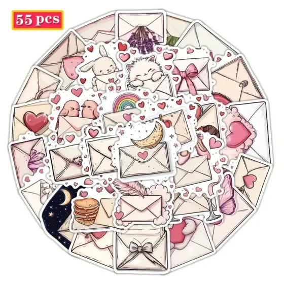 Набір стікерів конверти з сердечками 55 шт – романтичні наклейки Love, водостійкі вінілові Київ