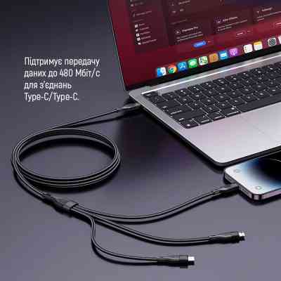 Дата кабель USB 2.0 AM to Lightning + Micro 5P + USB-C 1.2m 3.0A (PD60W data) Black ColorWay (CW-CBPDU3060-BK) Винница