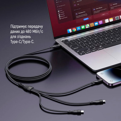 Дата кабель USB 2.0 AM to Lightning + Micro 5P + USB-C 1.2m 3.0A (PD60W data) Black ColorWay (CW-CBPDU3060-BK) Винница - изображение 4