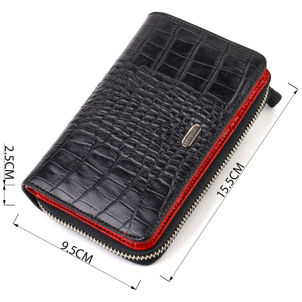 Стильное женское портмоне среднего размера из натуральной кожи с тиснением под крокодила Черное (CANPELLINI) Киев - изображение 7
