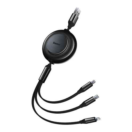 Кабель Baseus Free2Draw Retractable Crystal Fast Charging Data Cable USB to M+L+C 3.5A 1.1m Cluster Black Одесса